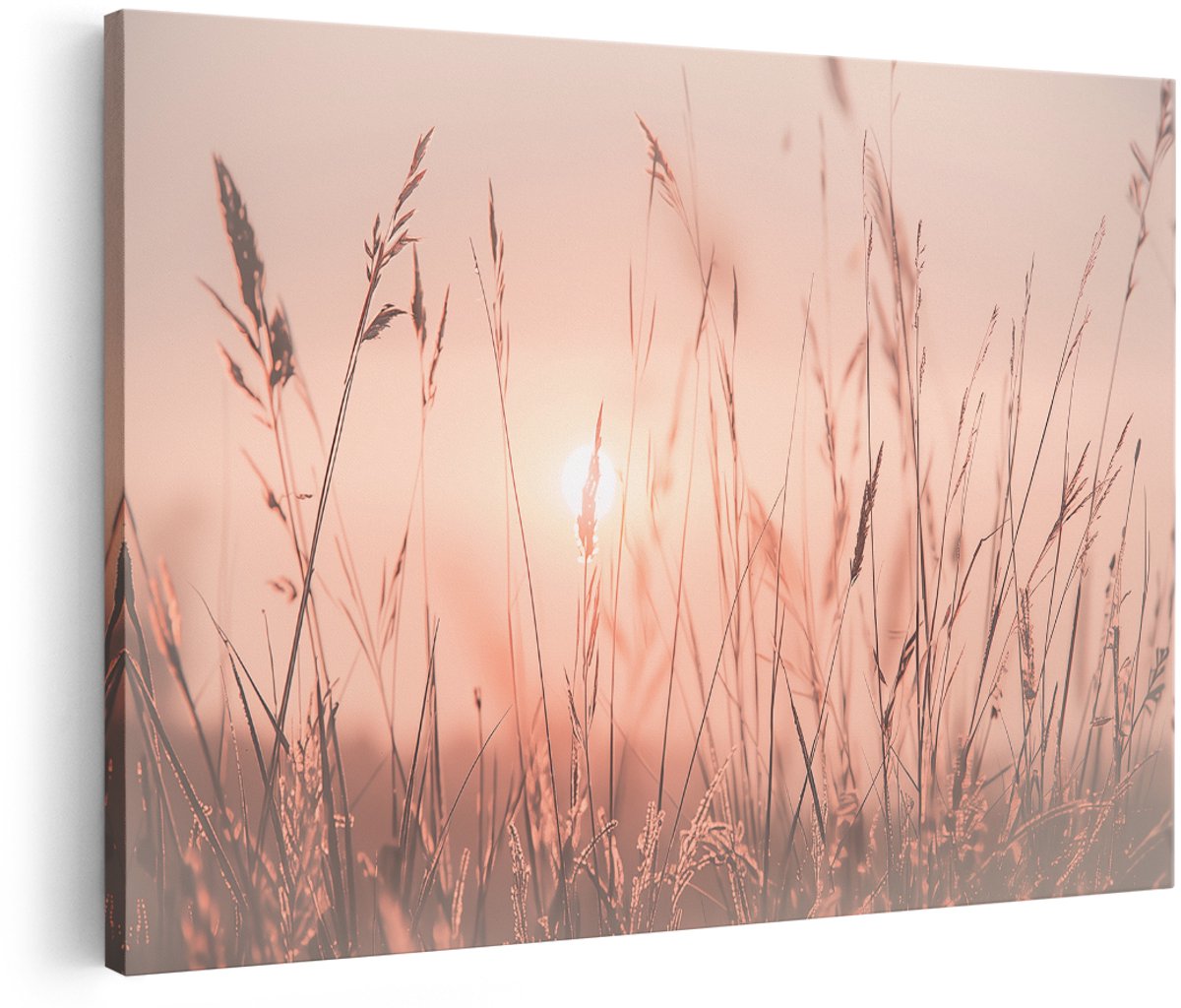 Artaza Canvas Schilderij Zonsondergang boven Grasveld - Landschap - 180x120 cm - Groot - Wanddecoratie Woonkamer - Schilderijen - Muurdecoratie