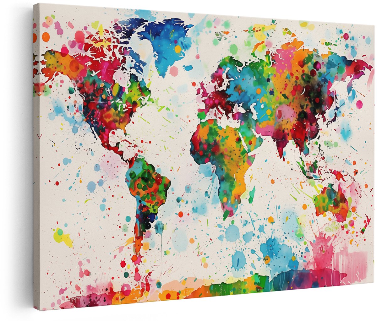 Artaza Canvas Schilderij Kleurrijke Wereld Kaart met Verf Spatten - 180x120 cm - Groot - Wanddecoratie Woonkamer - Schilderijen - Muurdecoratie