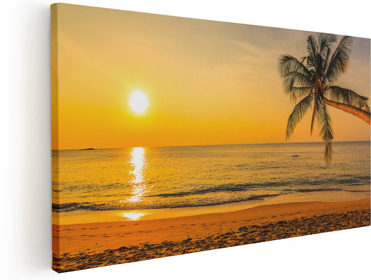 Artaza Canvas Schilderij Tropisch Strand Tijdens Zonsondergang - 180x90 cm - Groot - Wanddecoratie Woonkamer - Schilderijen - Muurdecoratie