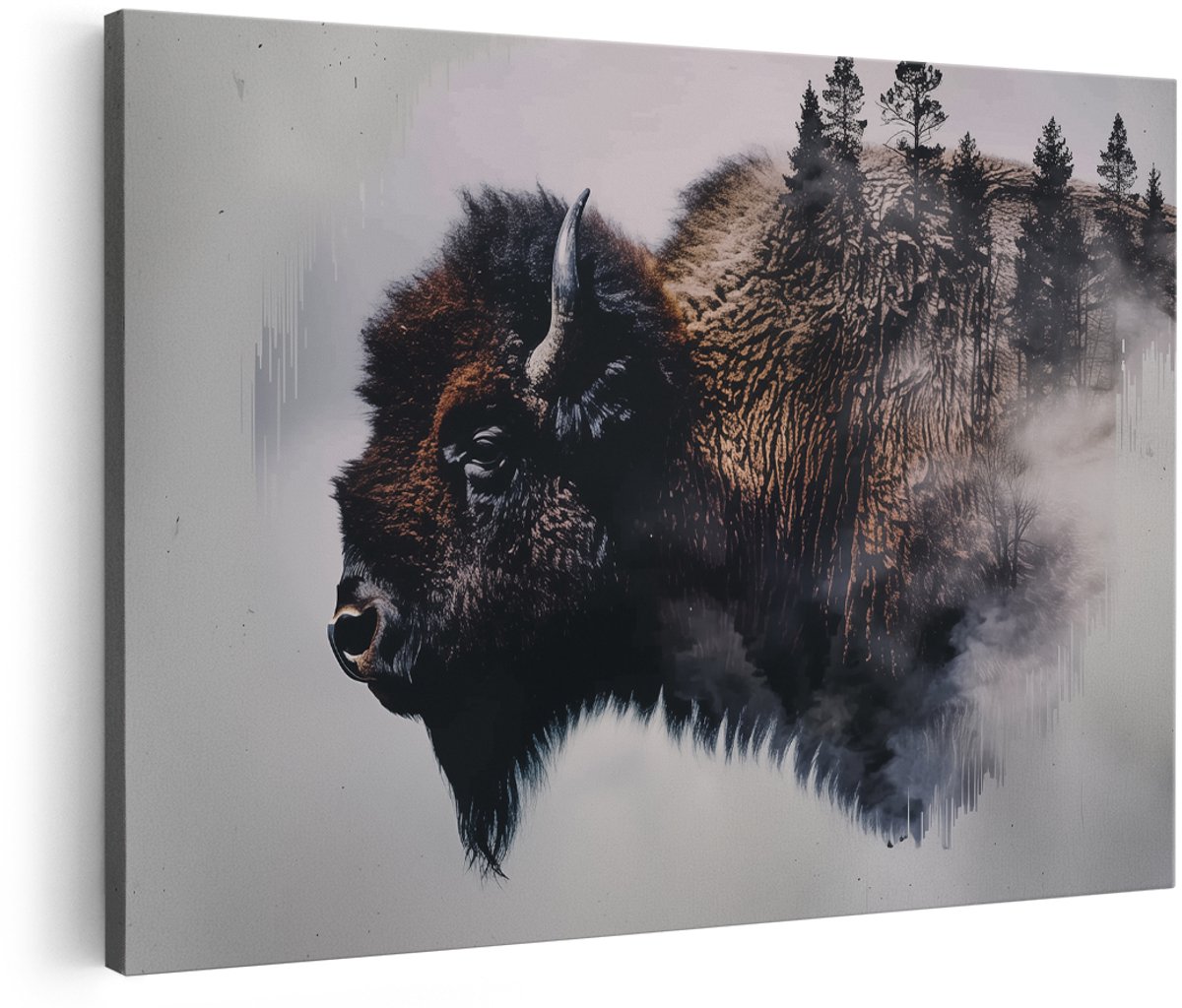 Artaza Canvas Schilderij Bizons met Bomen op de Achtergrond - Dieren - 180x120 cm - Groot - Wanddecoratie Woonkamer - Schilderijen - Muurdecoratie