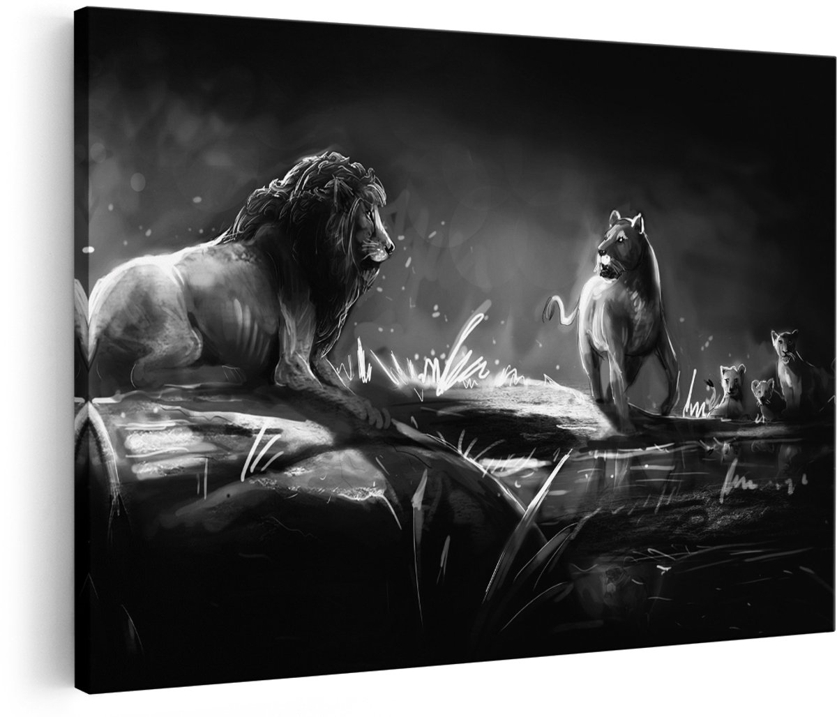 Artaza Canvas Schilderij Leeuwen Familie in het Wild - Getekend - Zwart Wit - 180x120 cm - Groot - Wanddecoratie Woonkamer - Schilderijen - Muurdecoratie
