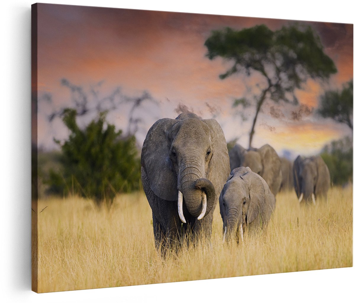 Artaza Canvas Schilderij Groep Olifanten in het Wild - Kudde - 180x120 cm - Groot - Wanddecoratie Woonkamer - Schilderijen - Muurdecoratie