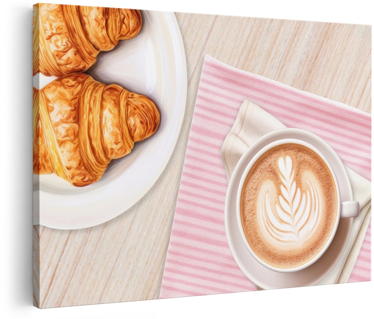 Artaza Canvas Schilderij Koffie - 180x120 cm - Groot - Wanddecoratie Croissant - Muurdecoratie Keuken - Decoratie Cappuccino Ontbijt