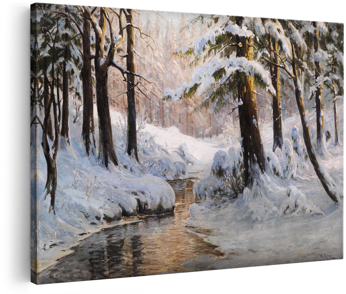 Artaza Canvas Schilderij Winterlandschap - 180x120 cm - Groot - Wanddecoratie Besneeuwd Bos - Muurdecoratie Natuur - Decoratie Bomen Beek
