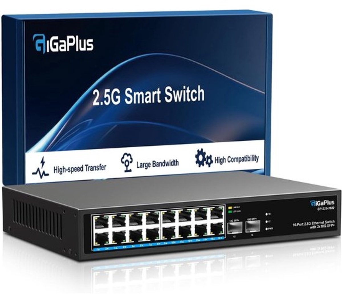 2.5Gbps Onbeheerde 18-Poorts Netwerkswitch met 16x 2.5G RJ45 en 2x 10G SFP+ Poorten