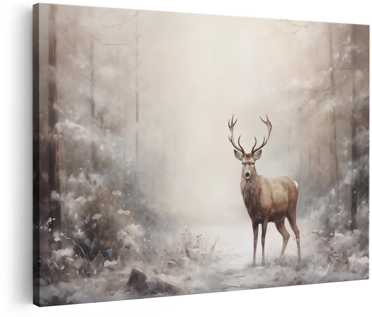 Artaza Canvas Schilderij Hert in het Winter Bos - 180x120 cm - Groot - Foto Op Canvas - Wanddecoratie Woonkamer