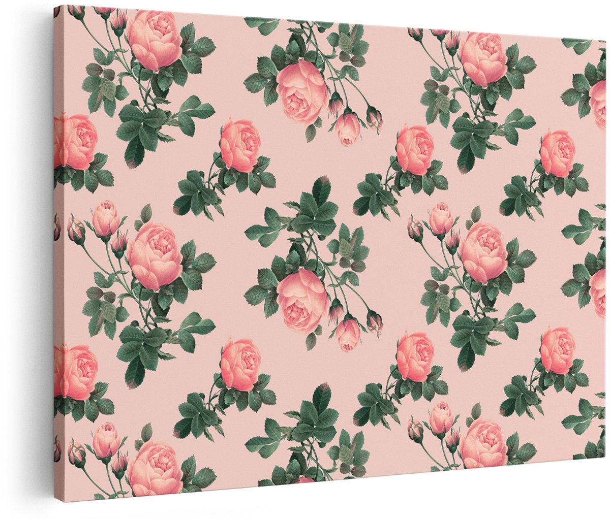 Artaza Canvas Schilderij Rozen Patroon - 180x120 cm - Groot - Wanddecoratie Vintage Bloemen - Muurdecoratie Slaapkamer - Decoratie Roze