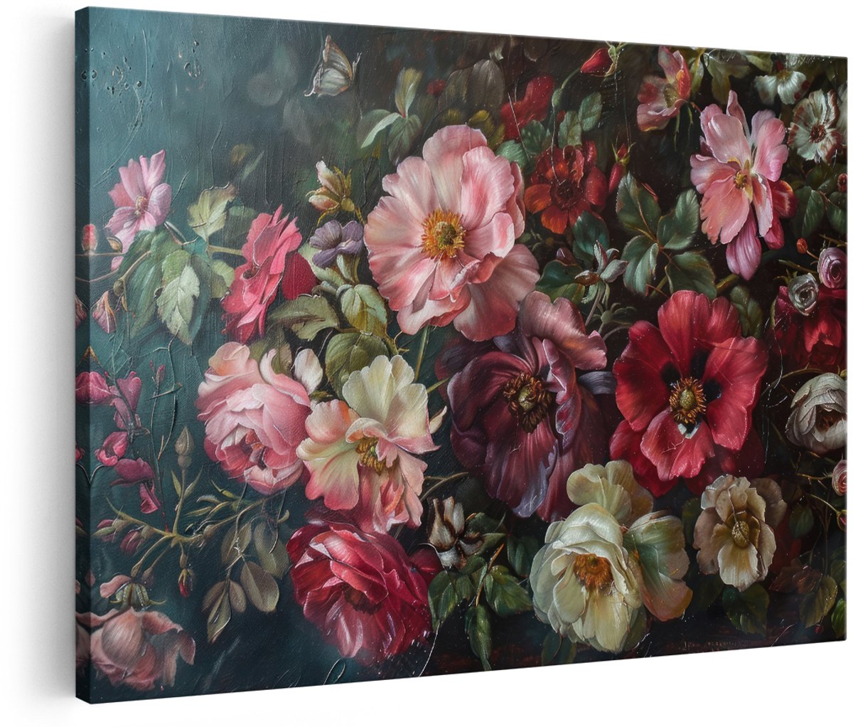 Artaza Canvas Schilderij Bloemen Stilleven - 180x120 cm - Groot - Wanddecoratie Rozen - Muurdecoratie Vintage - Decoratie Vlinder Roze