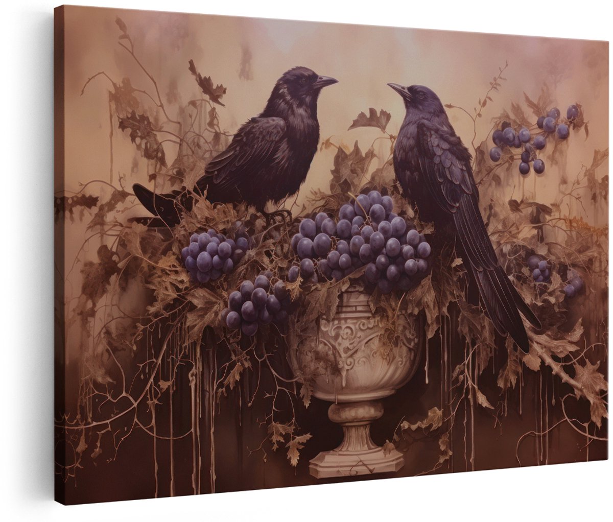 Artaza Canvas Schilderij Kraaien - 180x120 cm - Groot - Wanddecoratie Stilleven Druiven - Muurdecoratie Vogels - Schilderijen Op Canvas Dieren