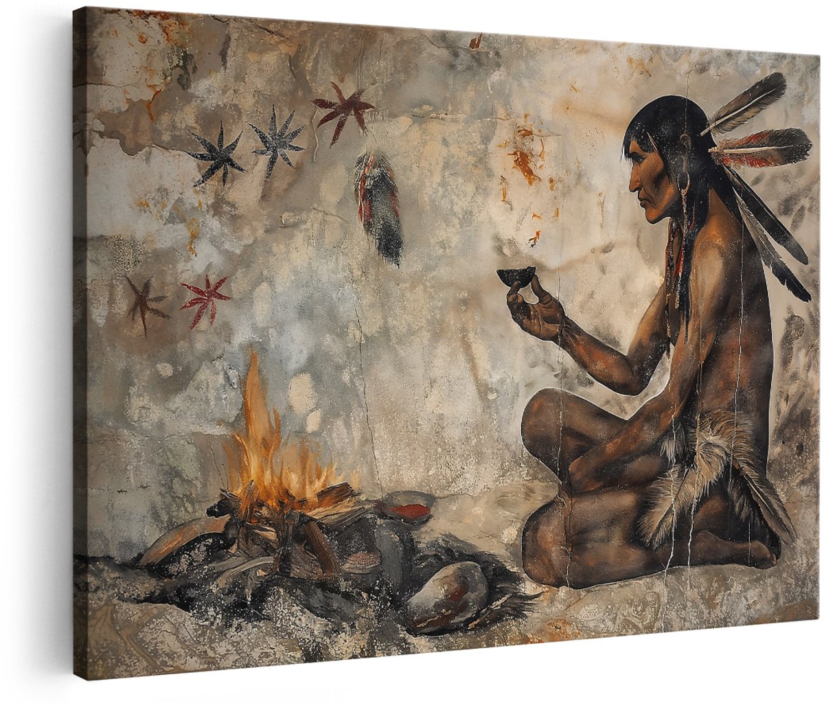 Artaza Canvas Schilderij Indiaan - 180x120 cm - Groot - Wanddecoratie Sjamaan - Muurdecoratie Spiritueel - Decoratie Rotstekening Vuur