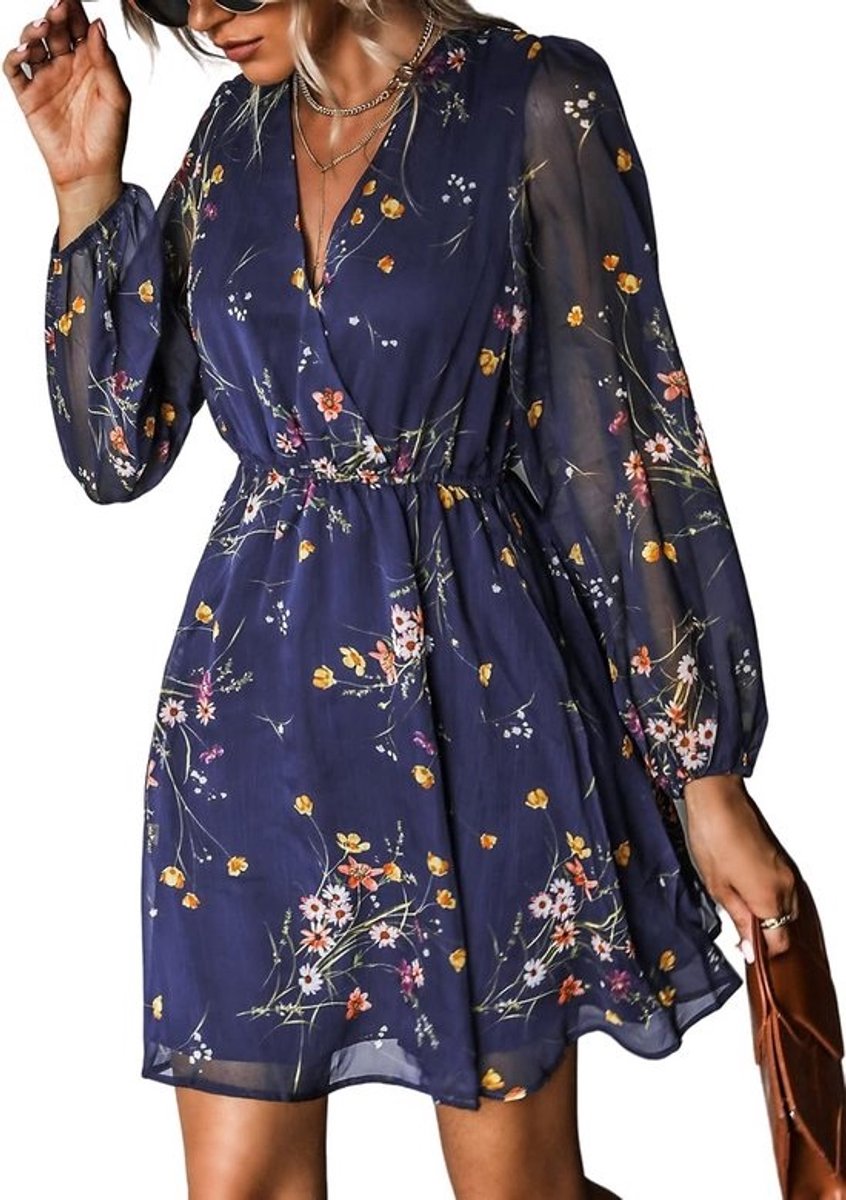 Dames Jurk Chiffon Lange Mouwen V-Hals Zomer en Lente Casual Flowy