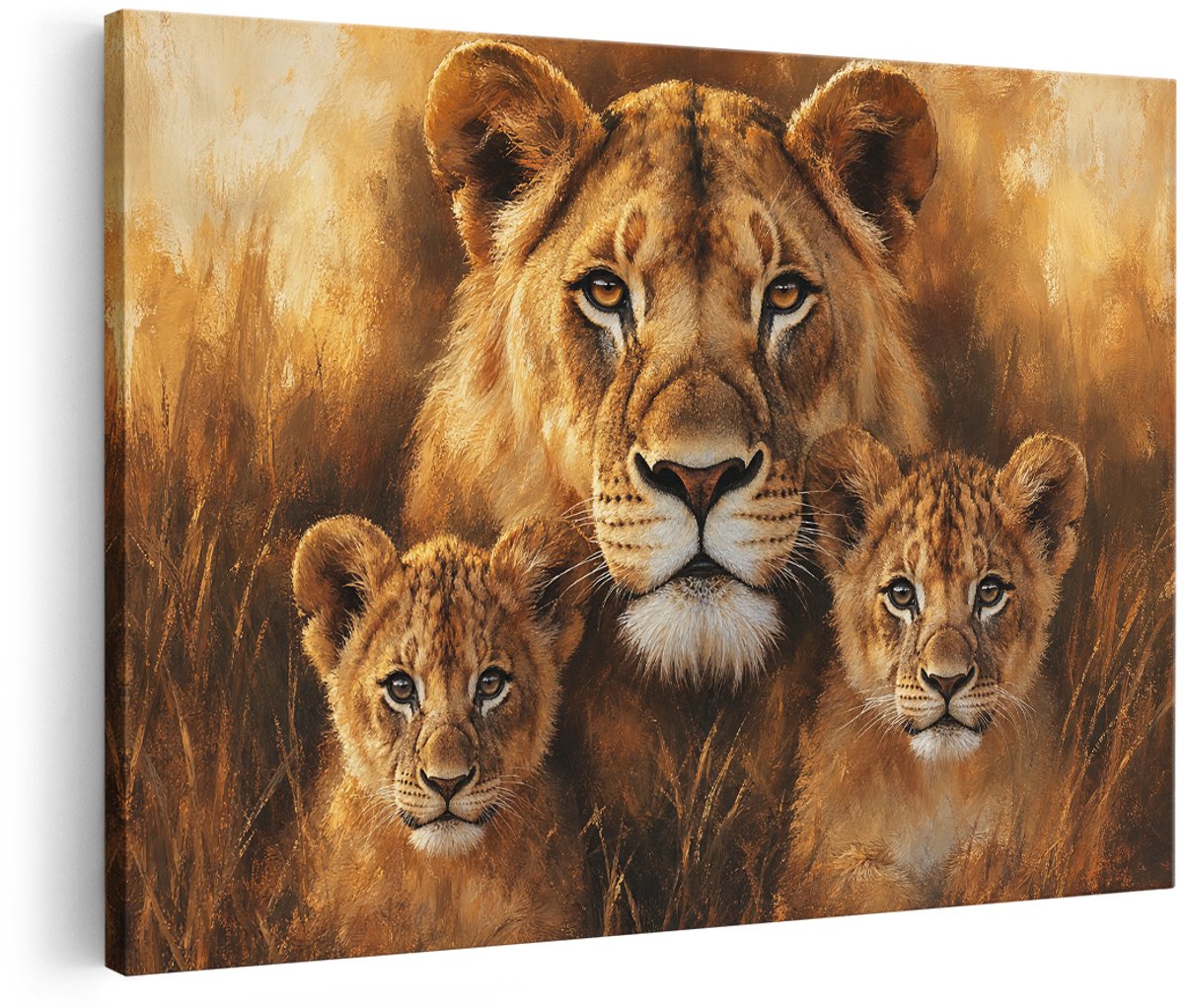 Artaza Canvas Schilderij Leeuwin Met Welpen - Dieren - Abstract - 180x120 cm - Groot - Wanddecoratie Woonkamer - Schilderijen - Muurdecoratie