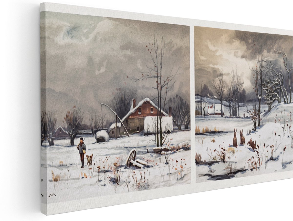 Artaza Canvas Schilderij Winterlandschap - 180x90 cm - Groot - Wanddecoratie Konijnen in Sneeuw - Muurdecoratie Bomen - Schilderijen Op Canvas Natuur