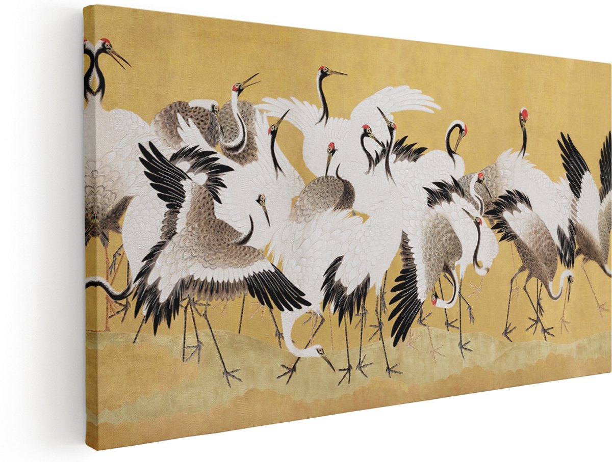 Artaza Canvas Schilderij Japandi Vogels - 180x90 cm - Groot - Wanddecoratie Goud - Muurdecoratie Kraanvogels - Schilderijen Op Canvas Dieren