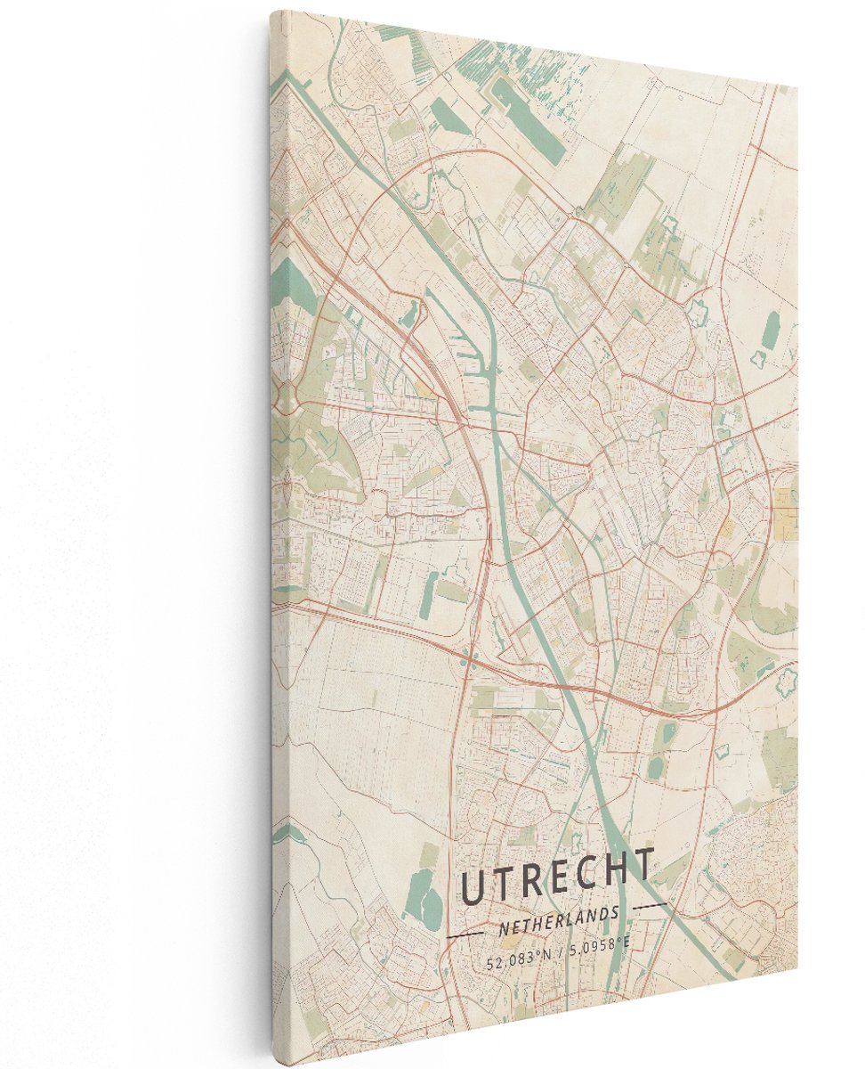 Artaza Canvas Schilderij Stadskaart Utrecht in het Beige - 120x180 cm - Groot - Muurdecoratie - Canvas Print
