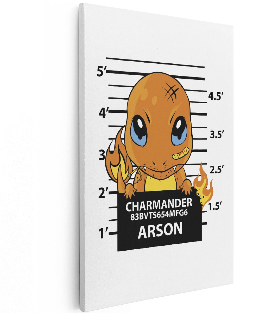 Artaza Canvas Schilderij Charmander - 120x180 cm - Groot - Pokemon Wanddecoratie Kinderkamer - Muurdecoratie Mugshot - Schilderijen Op Canvas Jongenskamer