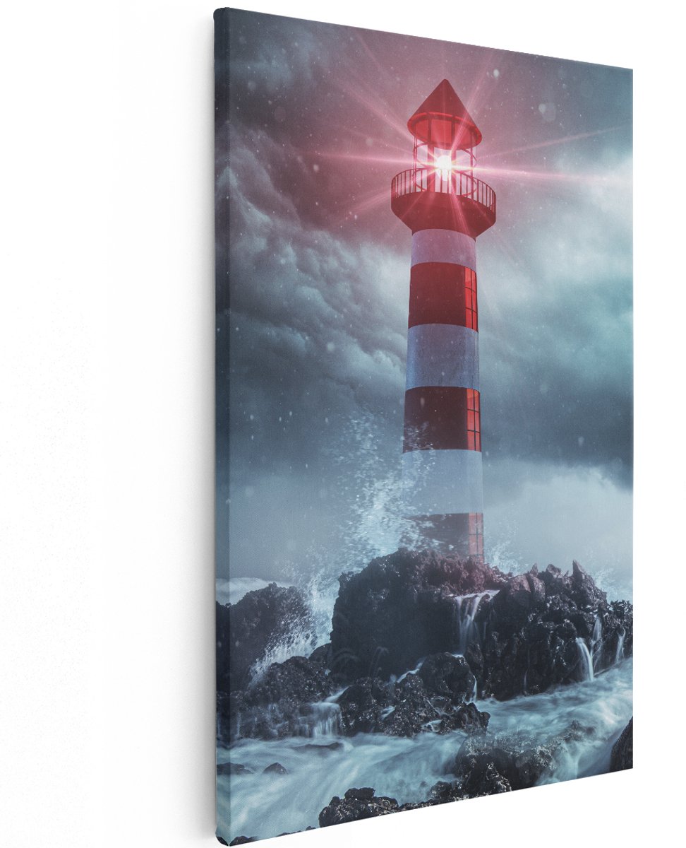 Artaza Canvas Schilderij Vuurtoren tijdens een Storm - 120x180 cm - Groot - Wanddecoratie Woonkamer - Schilderijen - Muurdecoratie