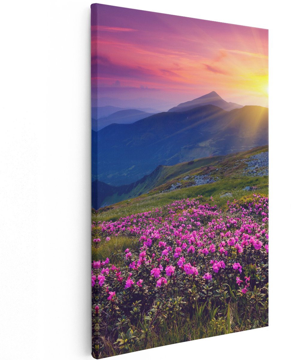 Artaza Canvas Schilderij Roze Rhododendron Bloemenveld - Bergen - 120x180 cm - Groot - Wanddecoratie Woonkamer - Schilderijen - Muurdecoratie