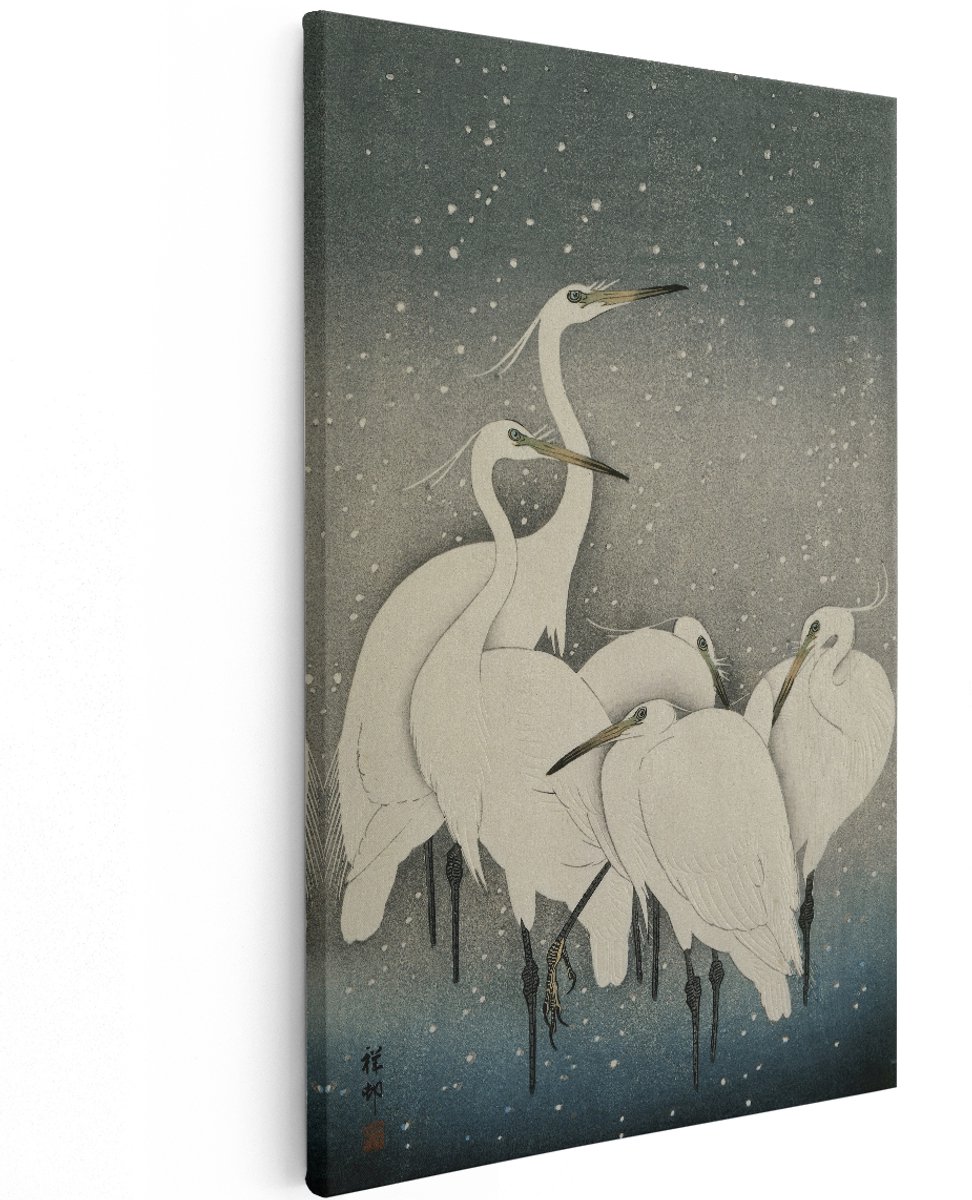 Artaza Canvas Schilderij Zilverreigers in de Sneeuw - Ohara Koson - 120x180 cm - Groot - Kunst - Wanddecoratie Woonkamer