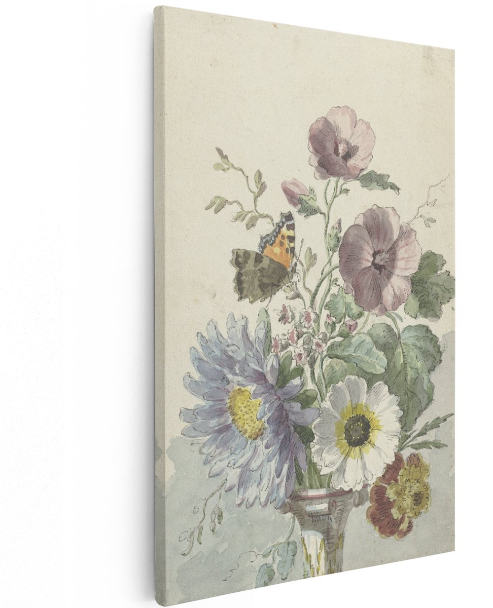 Artaza Canvas Schilderij Boeket Bloemen met een Vlinder - Willem van Leen - 120x180 cm - Groot - Kunst - Wanddecoratie Woonkamer