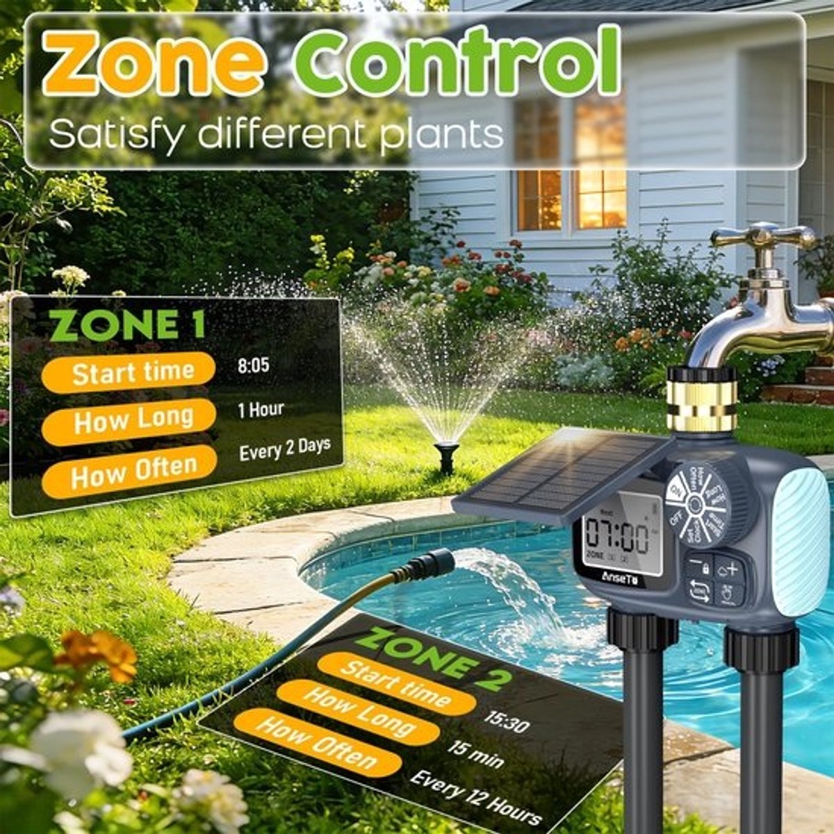 Automatische Irrigatietimer - Zonne-irrigatiecomputer Tuinbesproeiing - Planten Water Geven - Dubbele Uitgang - 2 Zones - Zwart