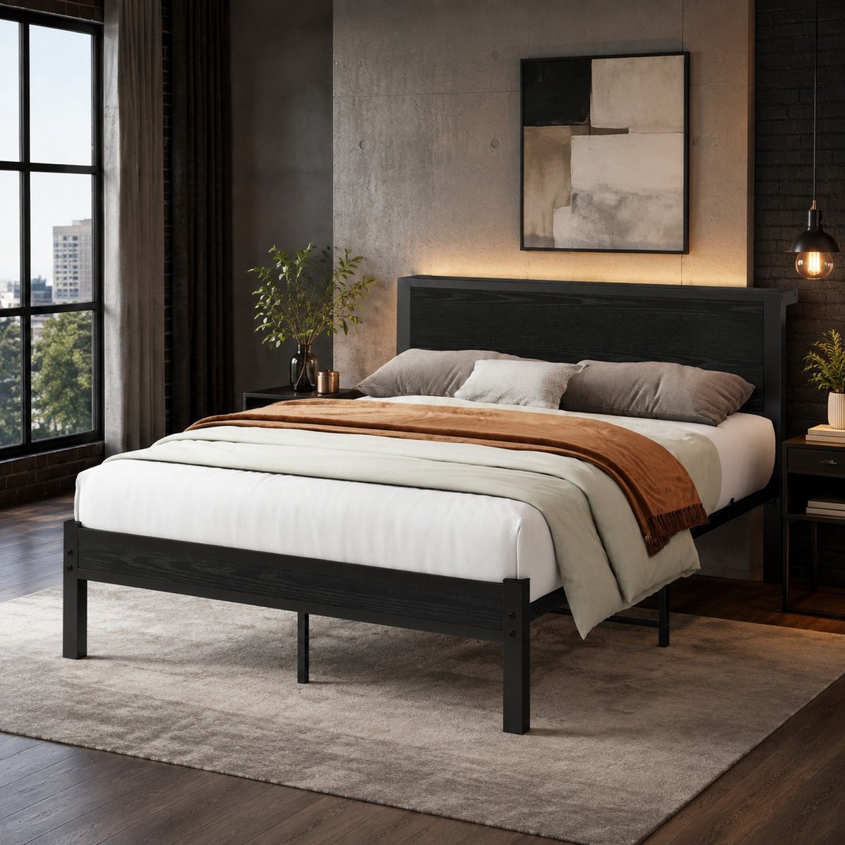 Bedframe 120 x 200 cm - Metalen lattenbodem met opbergruimte - MDF - Zwart - Eenpersoonsbed voor slaapkamer