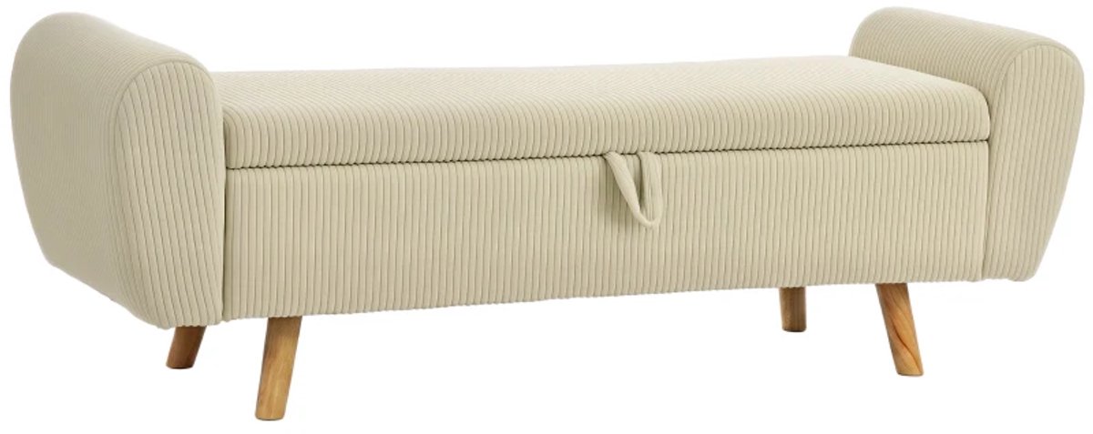 Bankje - Met Opbergruimte - Gestoffeerde Bank Met Corduroy Look - Houten Poten - Gerolde Armleuningen - Beige