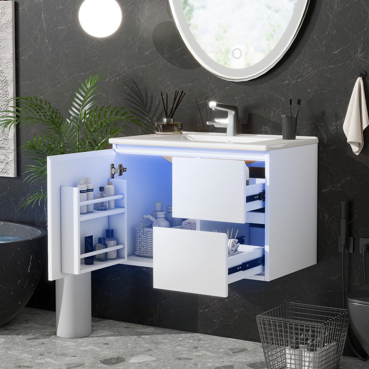 REDOM - Badkamerkast - Wandhangend met geïntegreerde keramische wastafel - LED-radarsensorverlichting - Twee laden en verstelbare plank - Modern - MDF - Wit - 76 x 46 x 50 cm