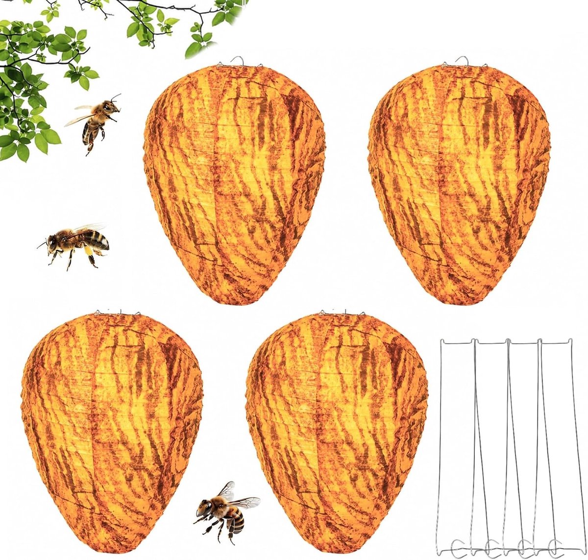 4 stuks weerbestendige nep wespennesten voor wespenafweer in tuin, balkon en terras, 22 x 28 cm, kunstwespennest als papieren lantaarn