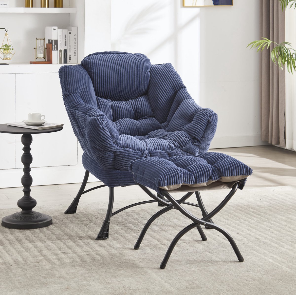 REDOM - Fauteuil met hocker - Stalen frame - Vast model - Met armleuningen en zijvak - Lounge stijl - Woonkamer, slaapkamer - Flanel - Marineblauw - 80 x 64 x 95 cm