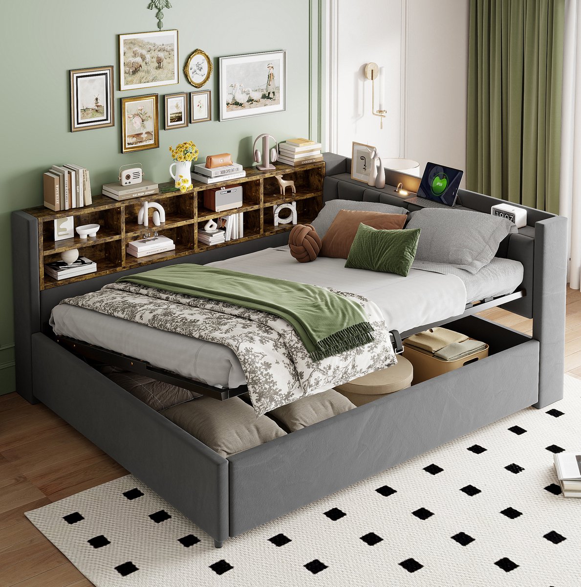 REDOM - Bedframe met opbergruimte en verlichting - Hoofdbord met nachtlamp en USB en Type-C - Hydraulische opbergruimte - Samtstof - Grijs - 214,5 x 150,5 x 81 cm