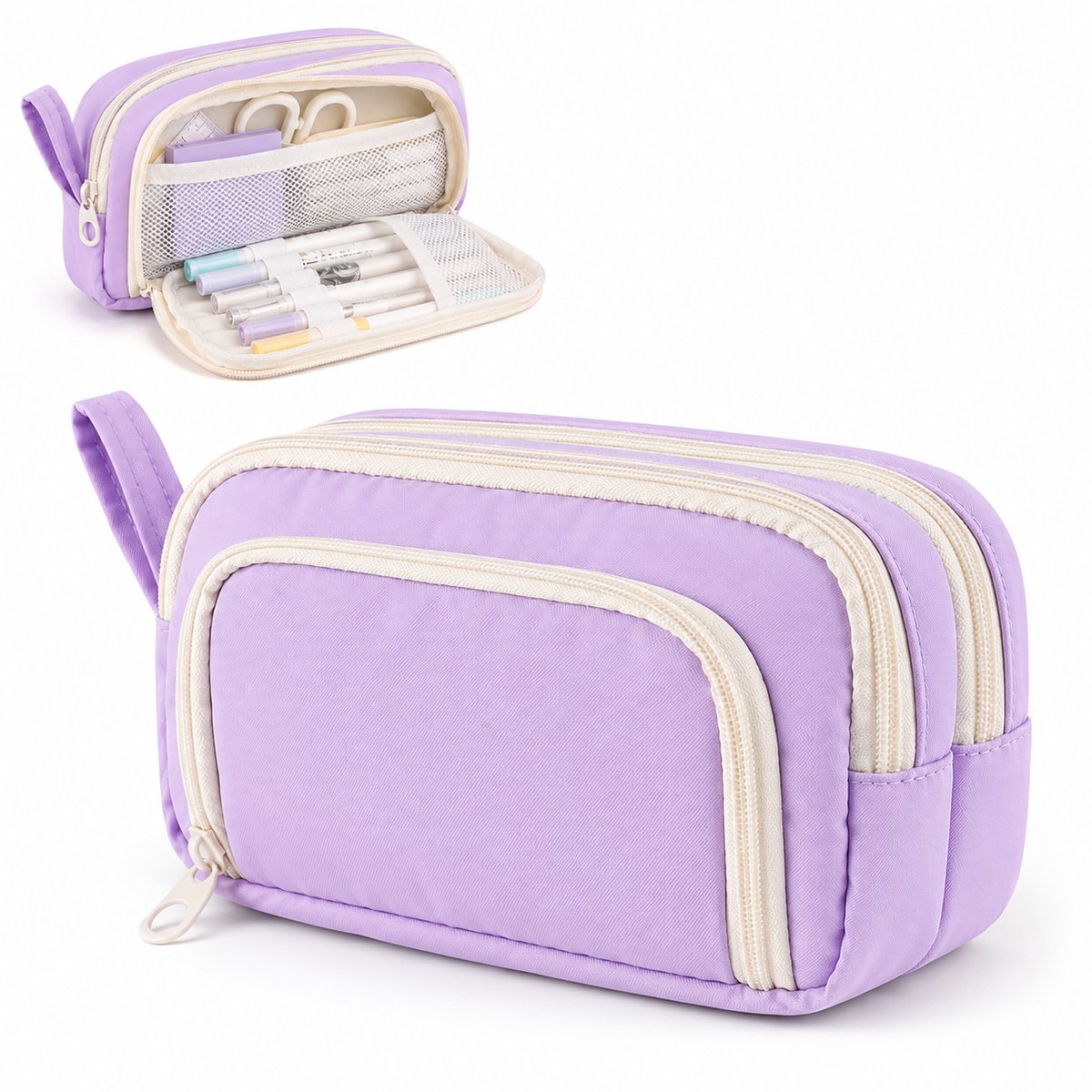 VHV - Etui 3 Vakken - Grote Capaciteit Pennenetui -31x7x13 cm - Draagbaar Pencil Case - Make-up Tas , Organizer Voor School Examen, Kantoor -Paars