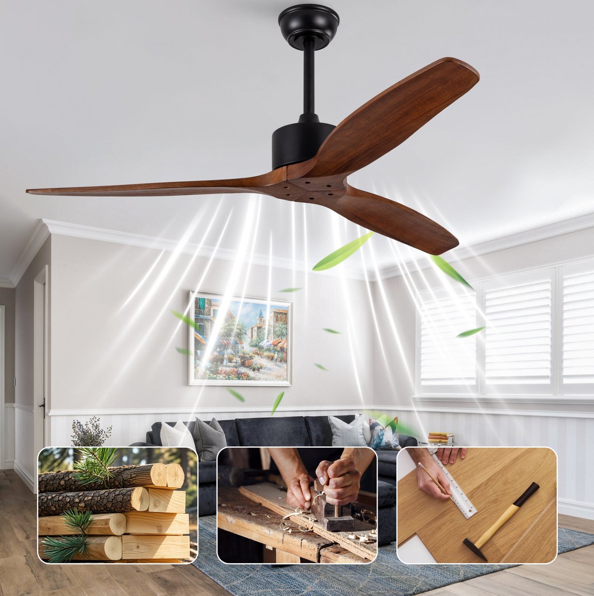 COVREO Plafondventilator 52 inch zonder verlichting walnoot zwart hout met afstandsbediening 6 snelheden