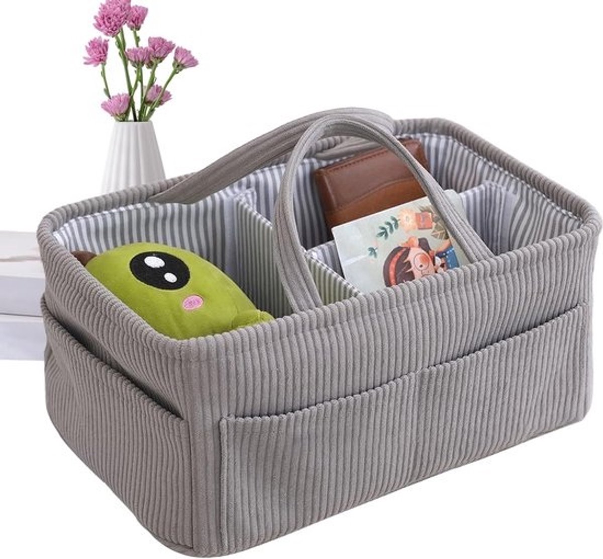 Kinderluierorganizer - Luieropbergmand - Babykamer organiseren - Zachte corduroy stof - 38 x 25 x 18 cm - Grijs