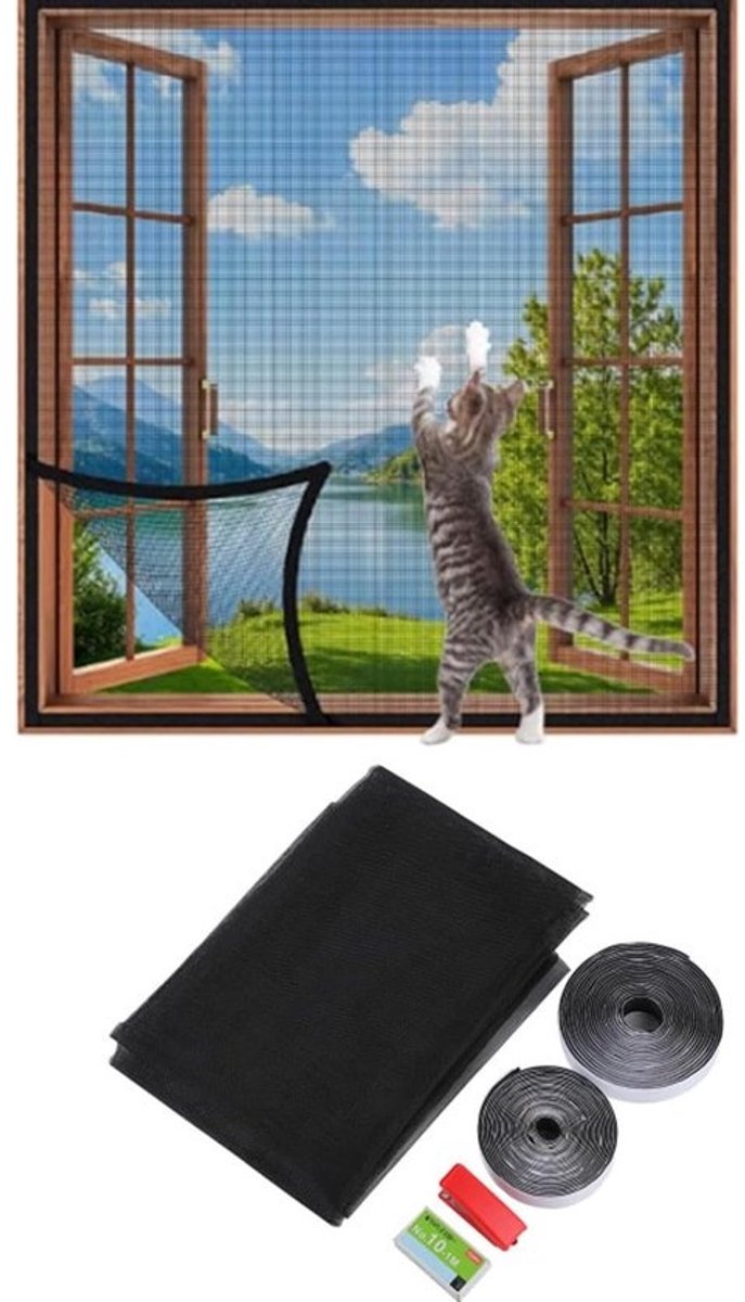 Allecto Plus - Kattenbescherming Raamnet Zelfklevende Tape Doe-het-zelf Maat Kattennet Balkon Raam Transparant Netrooster Vliegengaas Muggennet 130 x 150 cm Zwart