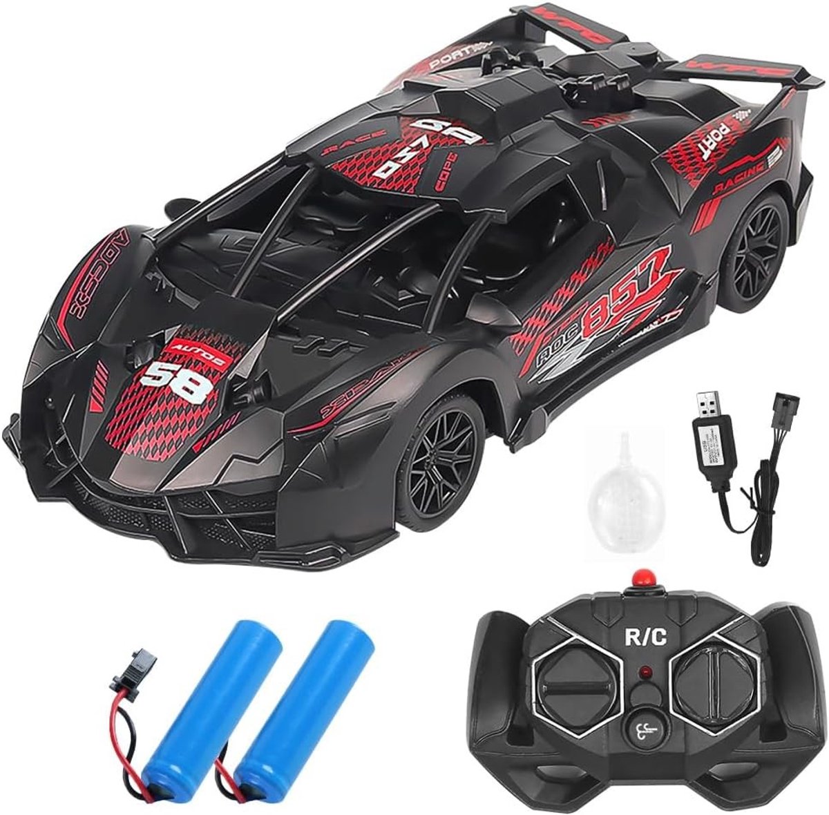 Op afstand bestuurbare raceauto, 2.4G RC speelgoed met afstandsbediening, 1:18 schaal model met sprayfunctie en LED-verlichting voor kinderen en volwassenen vanaf 14 jaar
