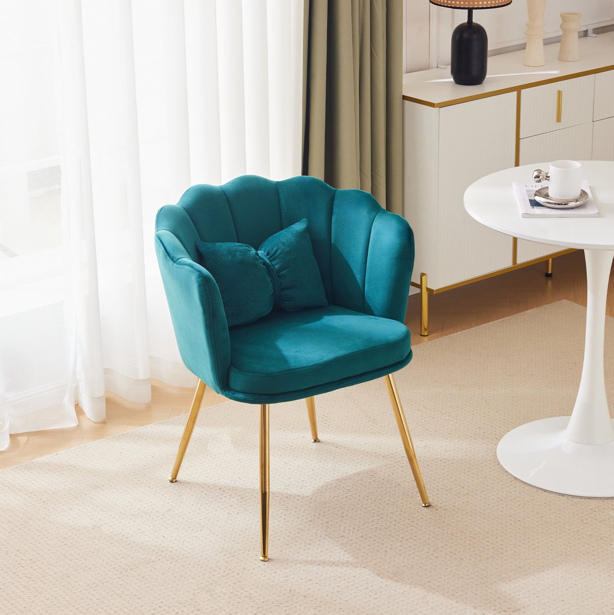 Wishdor Fauteuil - Bloemblaadje rugleuning - Kussen en open rug - Design - Woonkamer slaapkamer kaptafel lounge - Velvet en metaal - Groen - 63 x 58 x 77 cm
