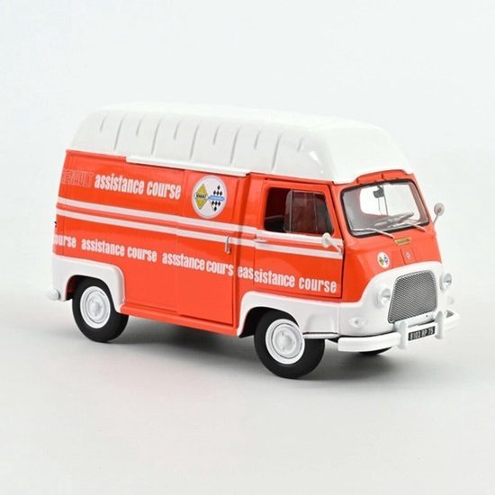 Oranje-witte Renault bestelwagen met 'assistance course' belettering, zijaanzicht van een klassiek schaalmodel.