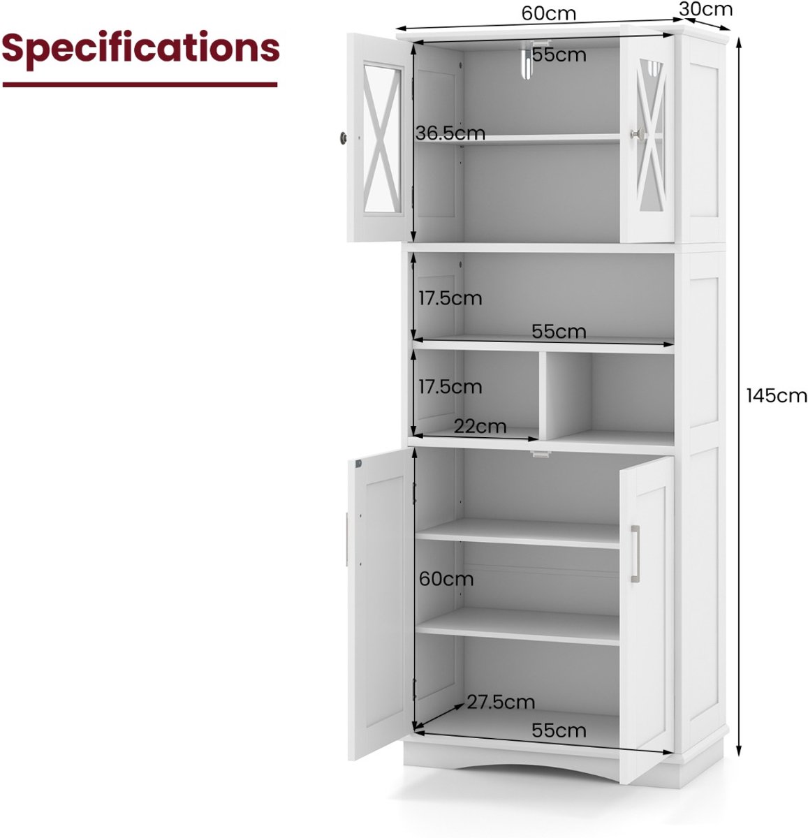 SureDeal® - Badkamerkast - Badkast - Verstelbare Planken - Deuren - Vakken - Kantelbeveiliging Badkast Wit - 60x30x145 cm - Wit