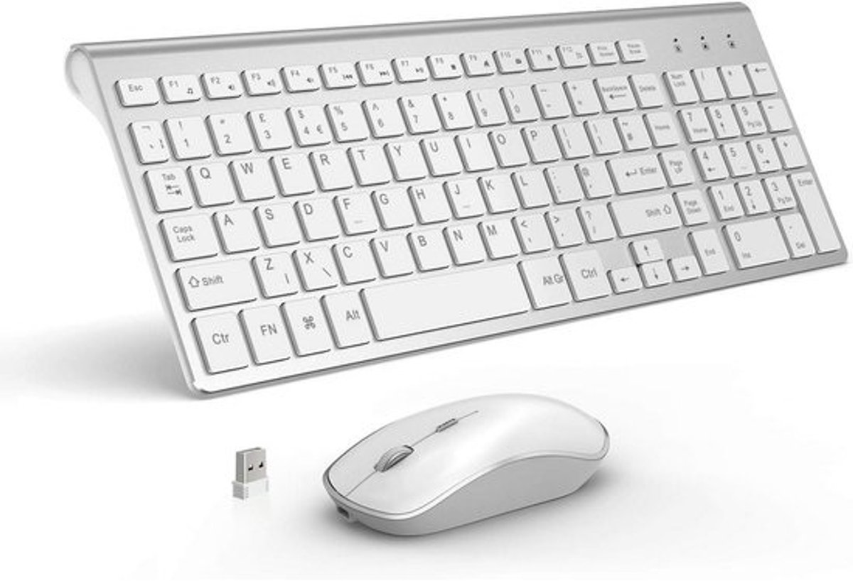 Draadloos Toetsenbord en Muis Set, Oplaadbare Volledig Formaat QWERTY Zilver Wit