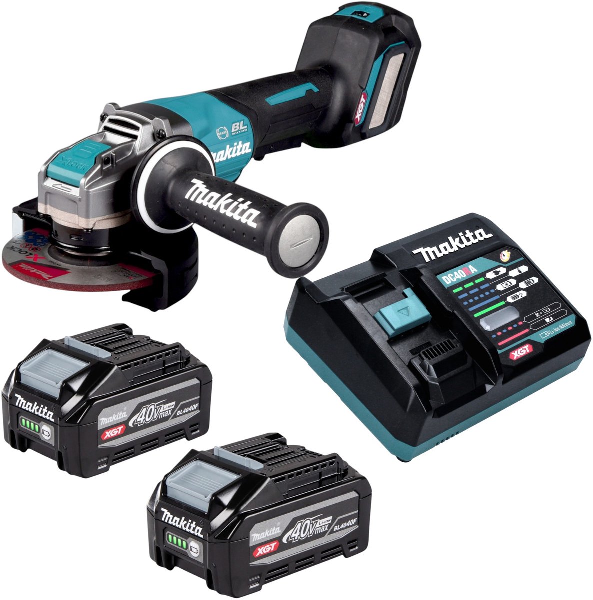 Makita GA 044 GU201 accu-haakse slijper 40 V max. 125 mm X-LOCK borstelloos + 2x accu 4,0 Ah + oplader