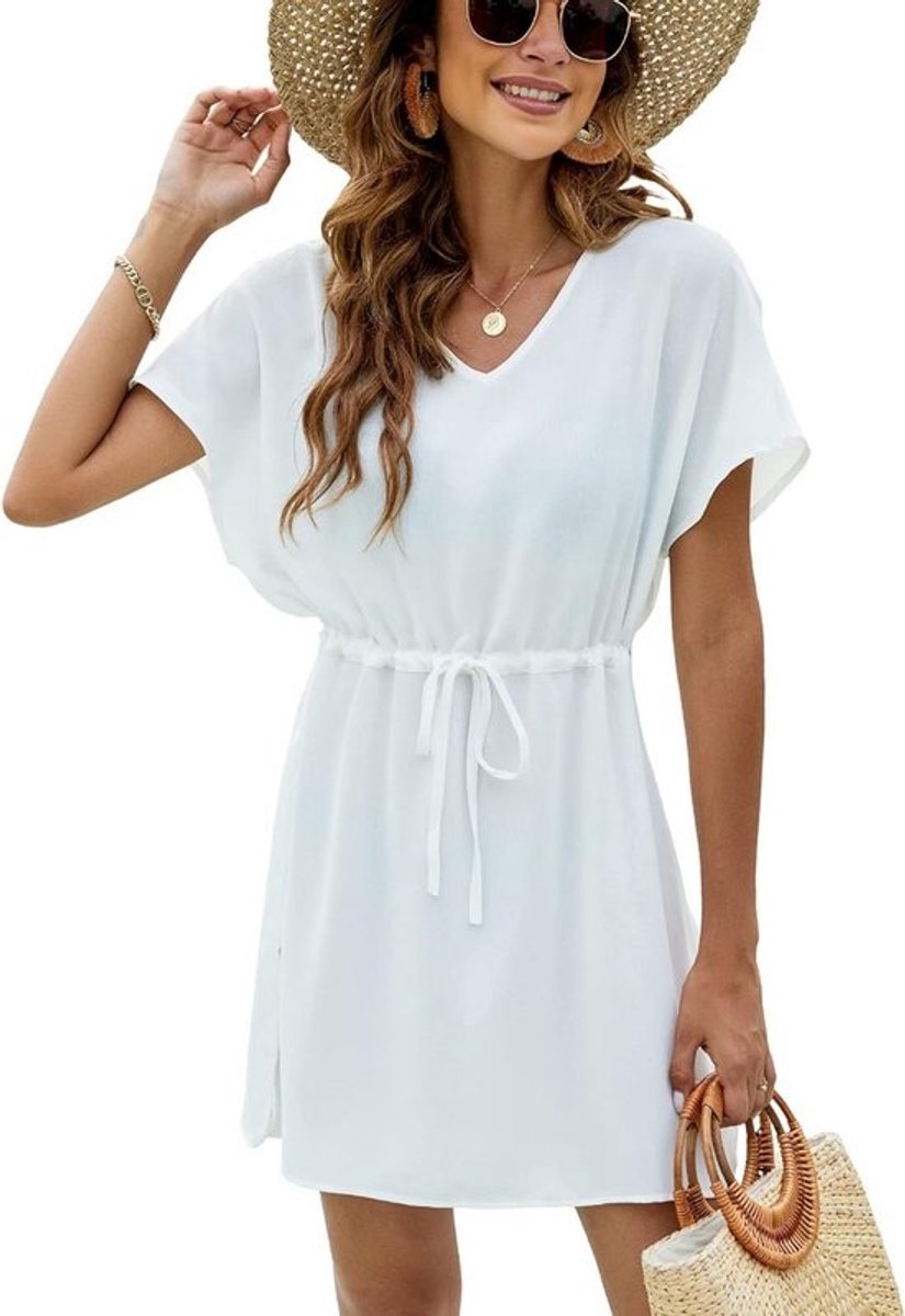 Dames strandjurk V-hals chiffon met riem