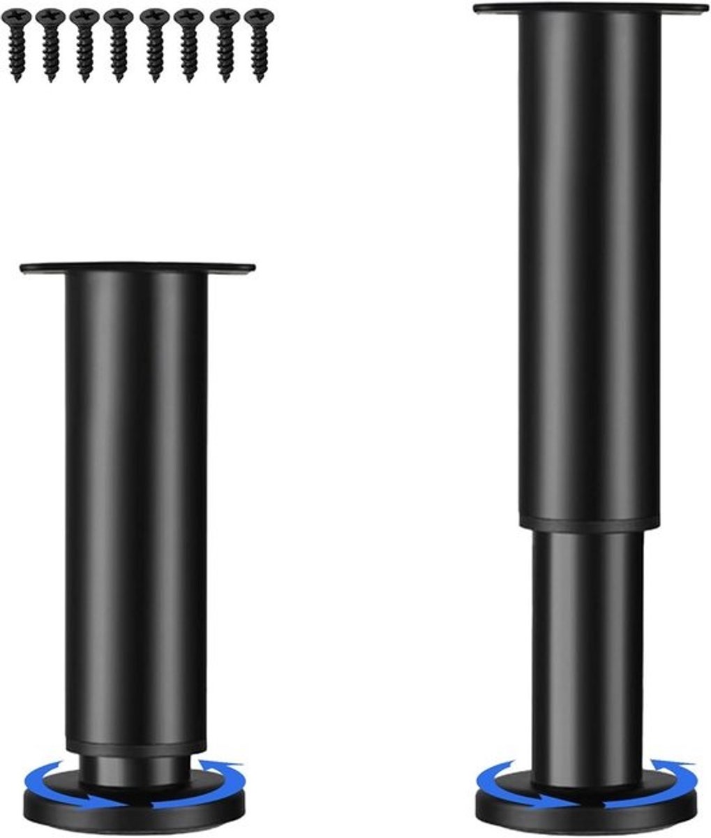 Verstelbare Metalen Meubelpoten Set van 4 – Hoogte 25-42 cm – Stalen Poten voor Bed, Tafel, Bank – Zwart