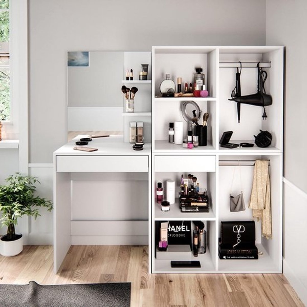 Make-up tafel set met kasten en spiegel 140 cm - wit