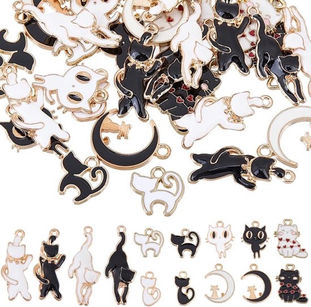 56 Stuks Katten Hangers Zilver Zitkat 7 Ontwerpen Zwart Wit Kat Voor Sieraden Maken Diy Ketting Oorbellen Armband Sleutelhanger