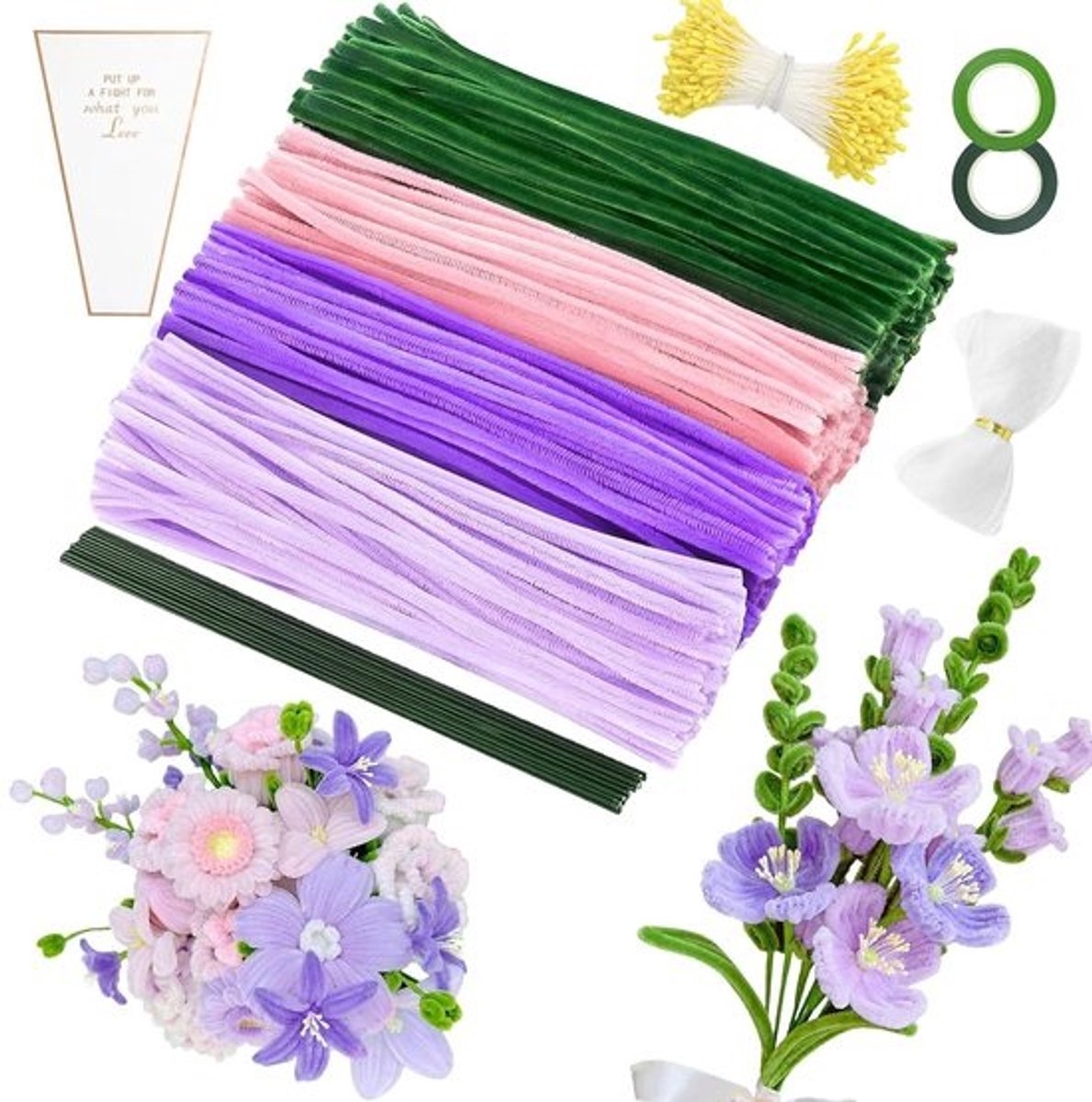 400 stuks pijpenragers 30 cm - Pijpreinigers voor Knutselen in 4 Kleuren - Inclusief Bloemendraad, Stofbakjes, Crêpepapier en Lint - Pastelkleurige Knutselset voor Kinderen en Volwassenen