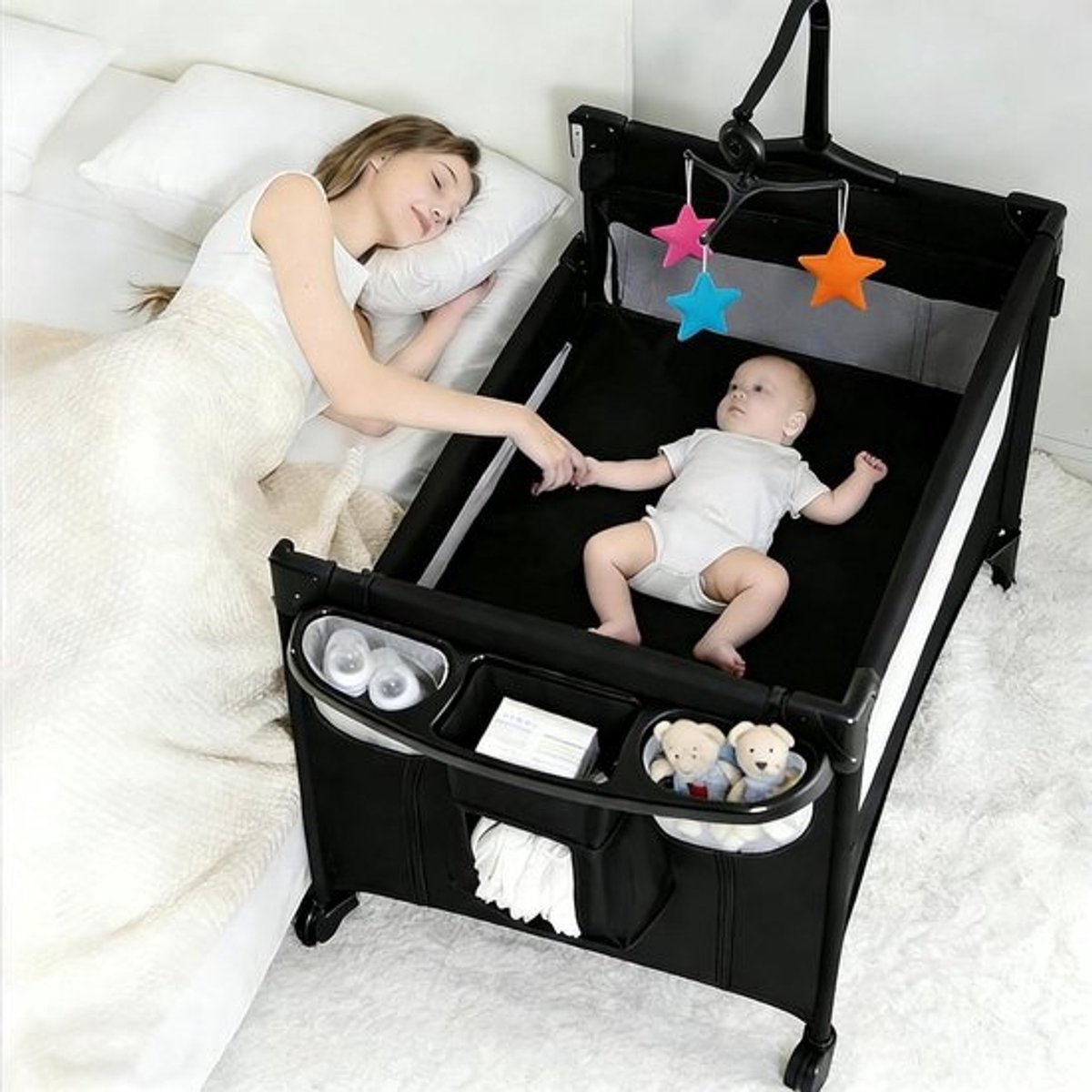 Reiswieg met commode - Babybedje naast bed - Veilig slapen baby - In hoogte verstelbaar