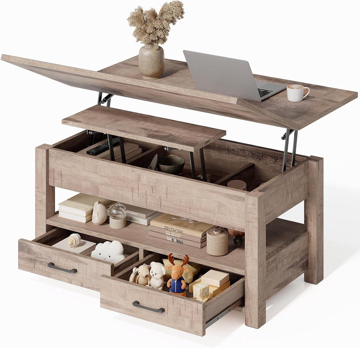 Verstelbare Salontafel - Woonkamertafel met Laden - Opbergen en Werken - In Hoogte Verstelbaar - 100 x 50 cm - Kameelbruin