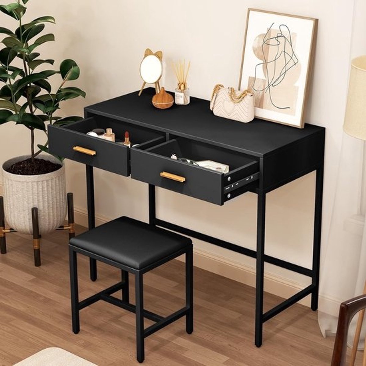 Make-uptafel met 2 lades en bijpassende kruk, Zwart