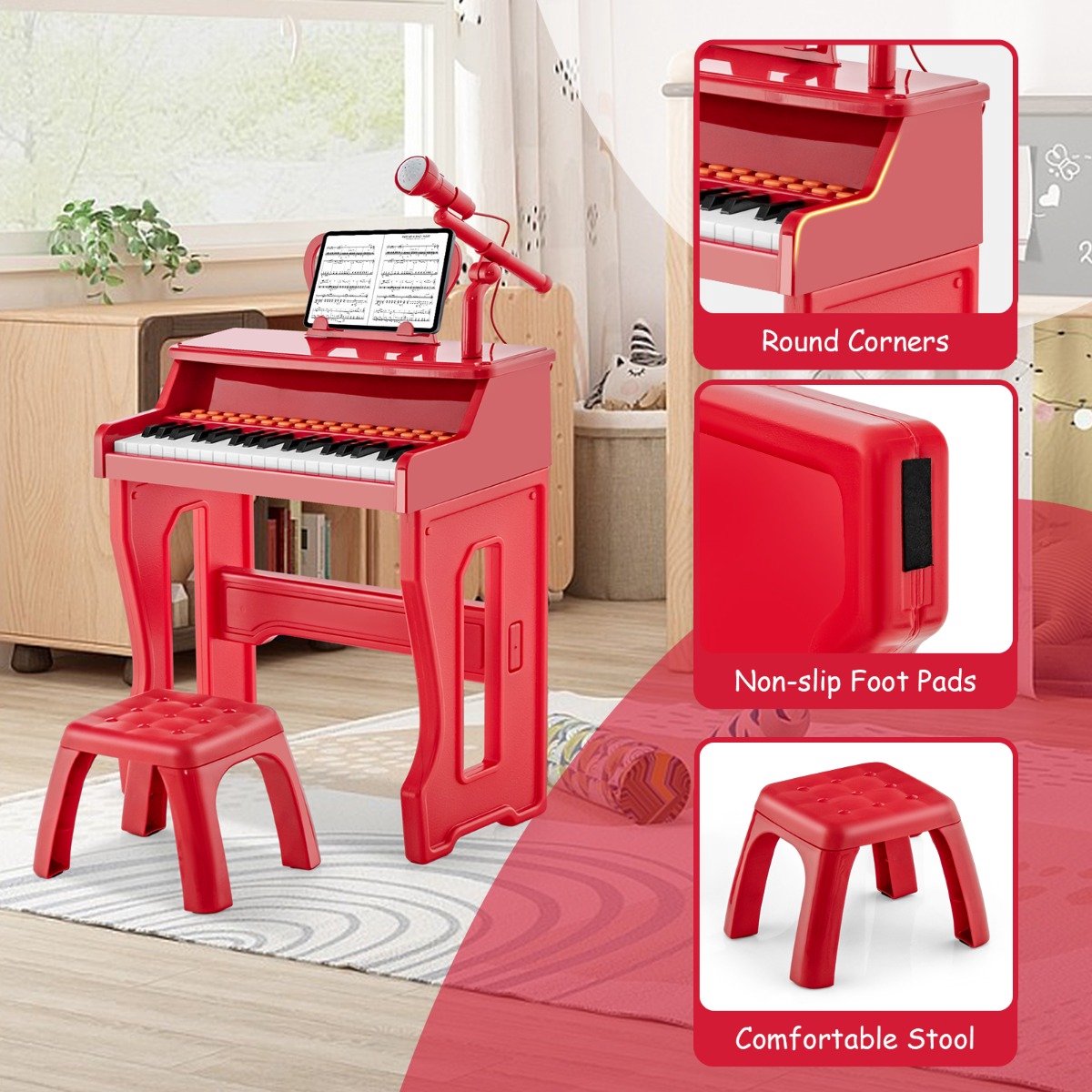 SureDeal® - Muziekinstrument - Toetsen Kinder Keyboard - Kruk Microfoon - Bladmuziekstandaard - Kinderen vanaf Jaar - 41x22,5x49 cm - Rood
